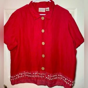 Field Manor Modern Classics Women’s Red Linen Button‎ Up Top, XL